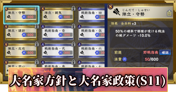 【信長の野望 覇道】大名家方針と大名家政策(S11～)