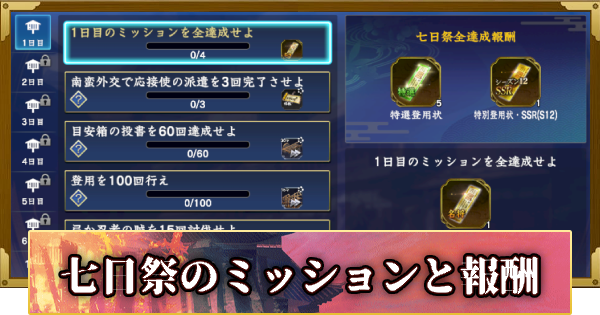 【信長の野望 覇道】七日祭のミッションと報酬(S12)