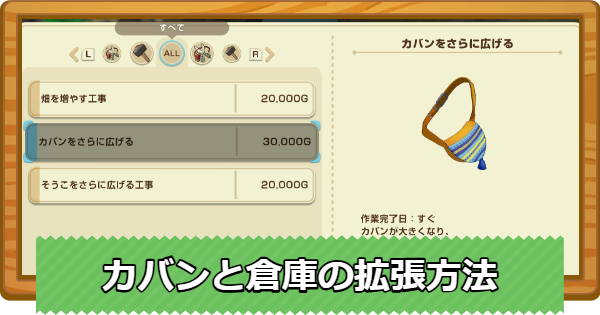 【牧場物語 風のグランドバザール】カバン・倉庫の拡張方法と優先度【グラバザ】