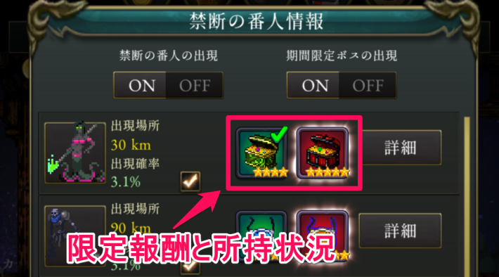 ログウィズの禁断の番人の報酬と取得状況