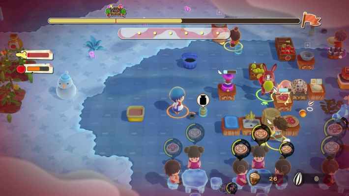 雪のステージでキャラクターが滑りながら料理をしているゲーム画面。