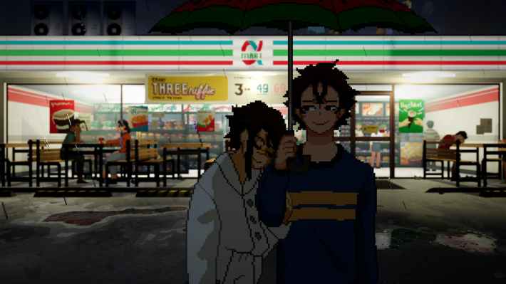 ゲームスクリーンショット1：コンビニエンスストアの前で傘をさすキャラクターたち