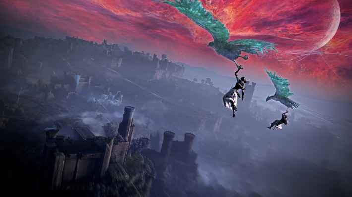 巨大な鳥に掴まれて飛ぶキャラクターたち