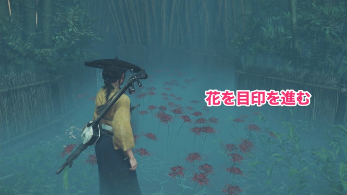 赤い花を目印にして進む