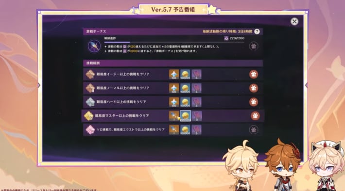 各難易度のクリア報酬に原石あり