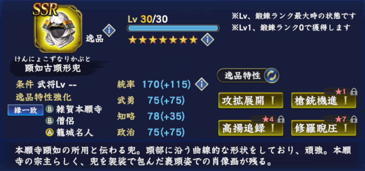 顕如古頭形兜のステータス