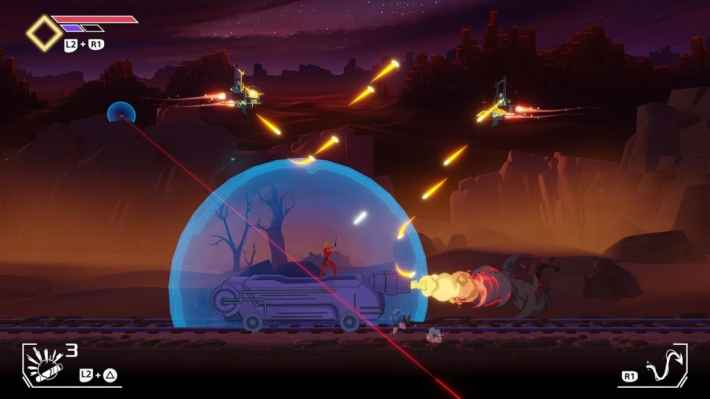 ゲームプレイ画面：乗り物に乗って戦うコビラ