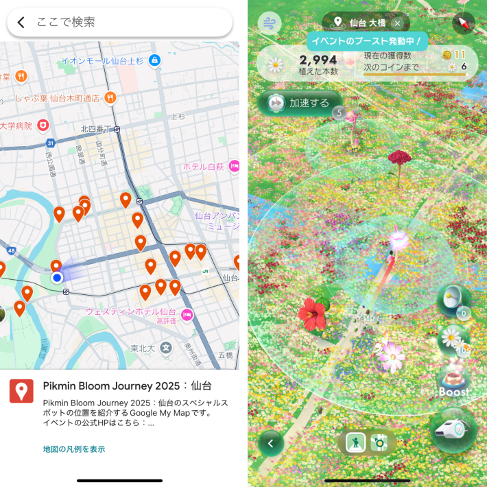 『Pikmin Bloom Journey（ピクミン ブルーム ジャーニー）』イベントでの、Googleマップとゲーム内マップの比較
