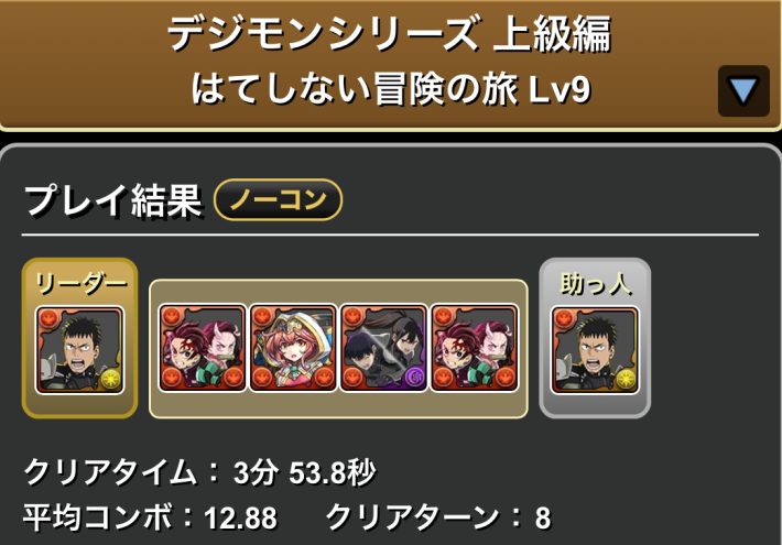 パズドラの日比野カフカのLv9クリア履歴