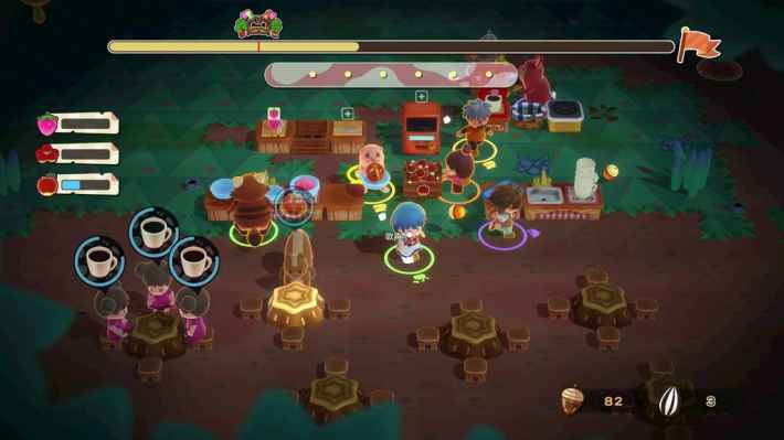 森のステージでコーヒーショップを経営しているゲーム画面。