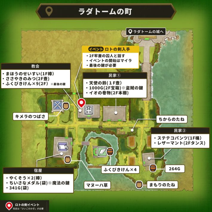 ドラクエ2リメイクのラダトームの町のアイテムマップ 