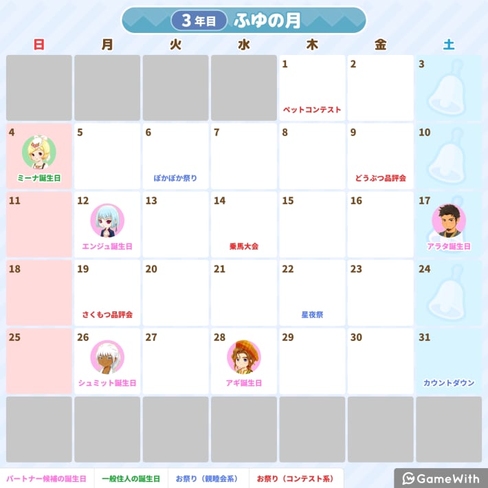 牧場物語 風のグランドバザール3年目 冬の月のイベントカレンダー