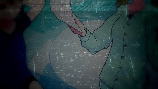 ゲーム内のカットシーン。手が何かを渡している様子。