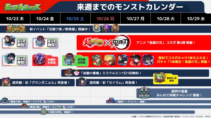 来週までのモンストカレンダー