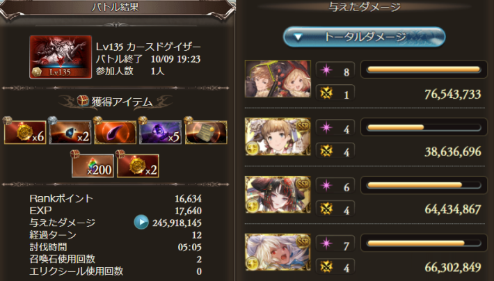グラブルの光ドレバラ強敵Lv135黒猫編成の討伐リザルト