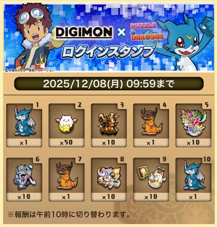 パズドラのデジモンコラボのログインスタンプ