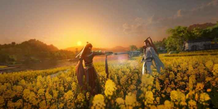 夕暮れの菜の花畑で剣を構える二人のキャラクター