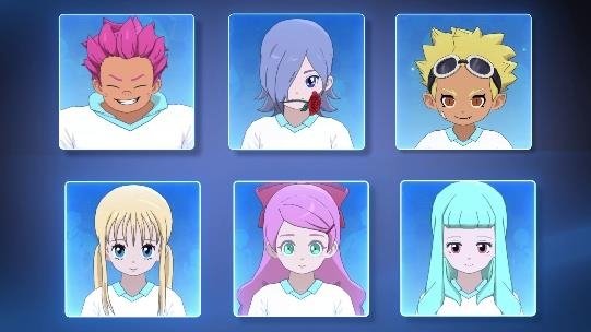 キャラクターメイキング画面。6人の異なる髪型や顔のキャラクターが表示されている。