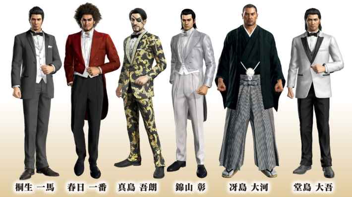 龍が如くの男性キャラクター6名がウェディング衣装を着用している画像。左から桐生一馬、春日一番、真島吾朗、錦山彰、冴島大河、堂島大吾。