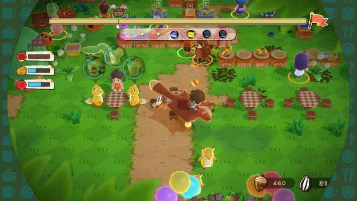 ゲームプレイ画面。キャラクターがムササビに乗って空を飛んでいる。