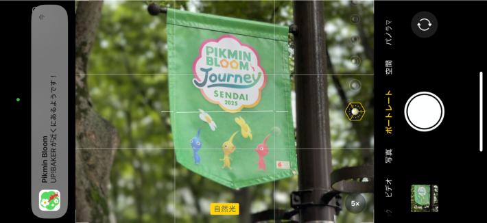 『Pikmin Bloom Journey（ピクミン ブルーム ジャーニー）』イベントのピクミンが描かれた特別なフラッグと、スペシャルスポットの通知画面