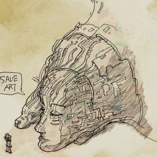 機械的な構造物と一体化した顔のアート。「SAVE ART」という吹き出しがある。
