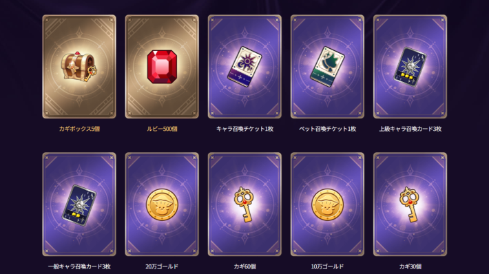 セナリバの毎日タロットカードガチャの報酬ラインナップ