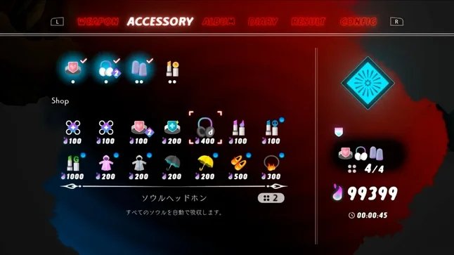 『NeverAwake』のショップ画面。様々な装備品が並んでいる。