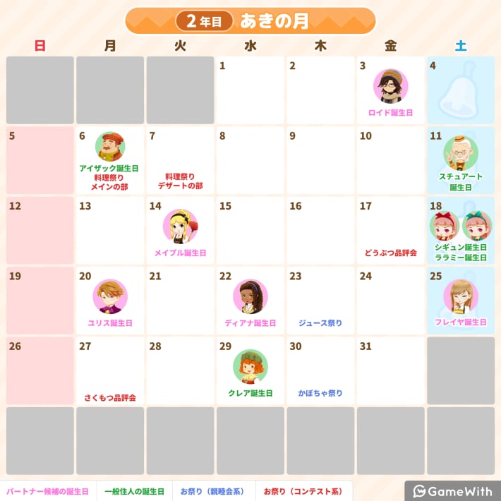 牧場物語 風のグランドバザール2年目 秋の月のイベントカレンダー