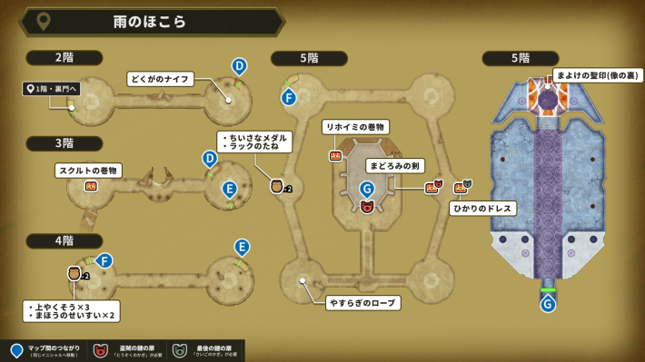 ドラクエ2リメイクの雨のほこら1階2階〜5階アイテムマップ