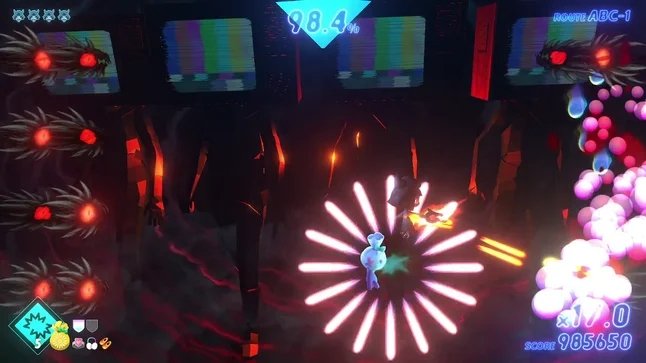 ゲームプレイ画面。多数の敵に囲まれながら戦っている。