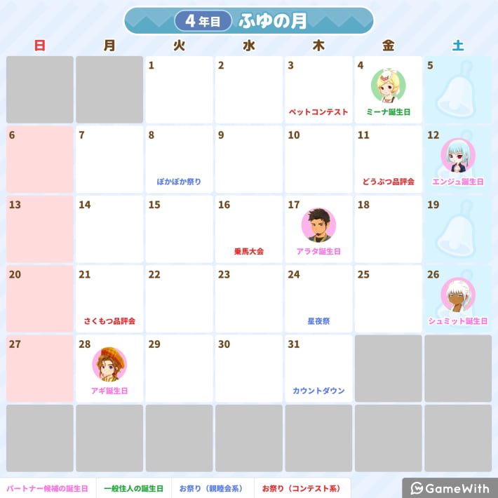 牧場物語 風のグランドバザール4年目 冬の月のイベントカレンダー