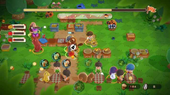 ゲームプレイ画面。たくさんのキャラクターが協力してレストランを経営している様子。