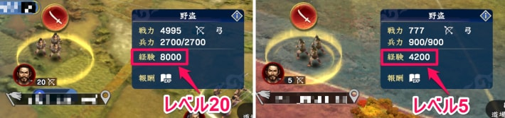 賊のレベルによって獲得経験値が異なる