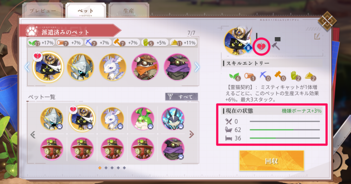 機嫌度が下がると生産ボーナスに影響がでる