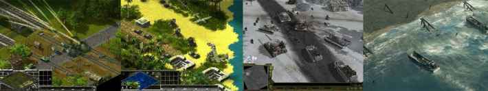 サドンストライクシリーズの過去作4作品のスクリーンショットをコラージュした画像。(左から)Sudden Strike (2000年)、Sudden Strike 2 (2002年)、Sudden Strike 3: Arms for Victory (2007年)、Sudden Strike 4 (2017年)