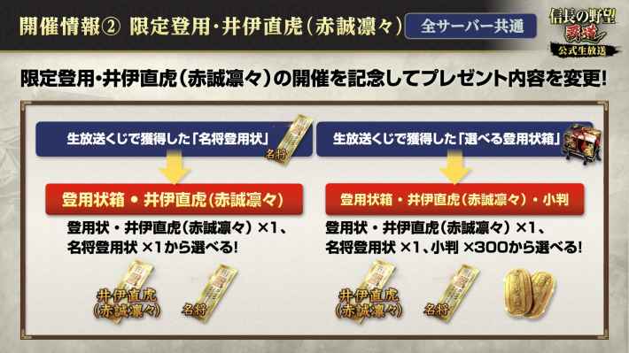 限定登用・井伊直虎(赤誠凛々)の開催を記念してプレゼント内容を変更