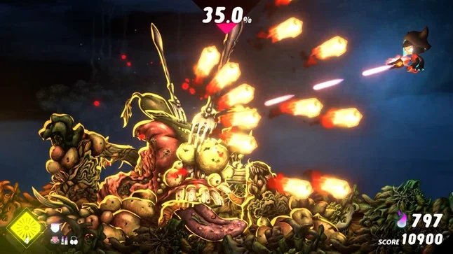 『NeverAwake』のゲームプレイ画面。野菜のモンスターと戦っている。