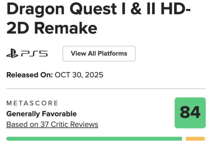 ドラクエ1＆2リメイクのメタスコア