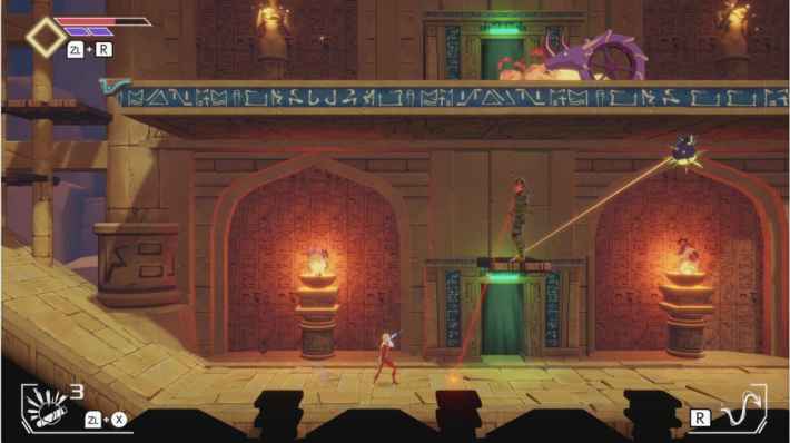 ゲームプレイ画面：遺跡のような場所で戦うコブラ