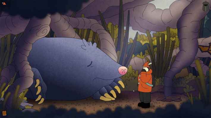 ゲームスクリーンショット：主人公が巨大なモグラと対峙する様子