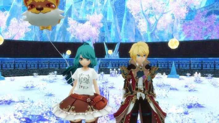 ゲーム内スクリーンショット。二人のキャラクターが氷の世界のような場所に立っている。