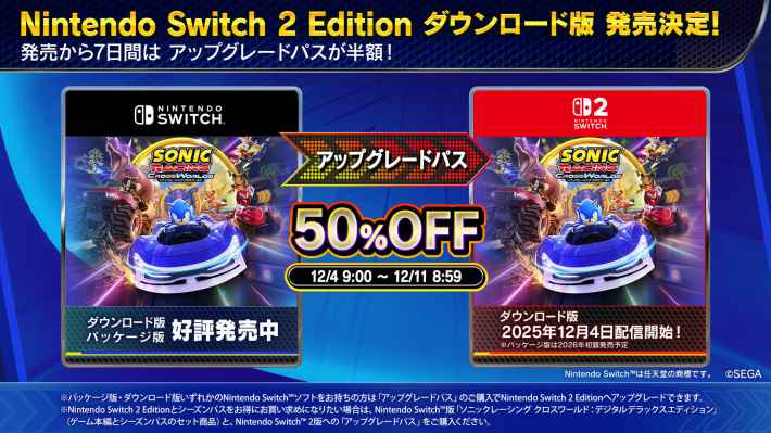 Nintendo Switch 2 Edition ダウンロード版発売決定！発売から7日間はアップグレードパスが半額！50%OFF 12/4 9:00 ~ 12/11 8:59