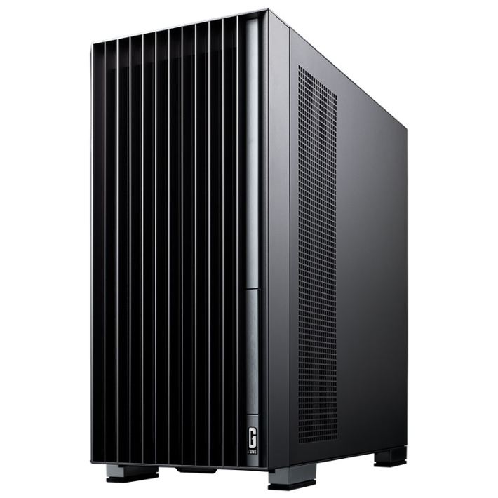 G TUNE FG-A7G7Tが採用するフルタワー筐体。フィン状のフロントパネルの黒いケース