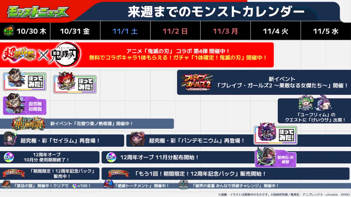 来週までのモンストカレンダー