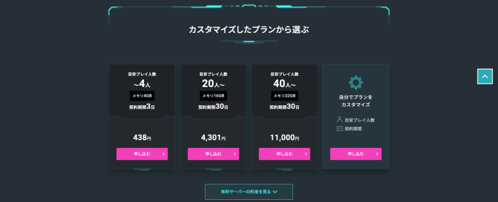 プレイ人数とメモリ・契約期間を選ぶプラン選択画面