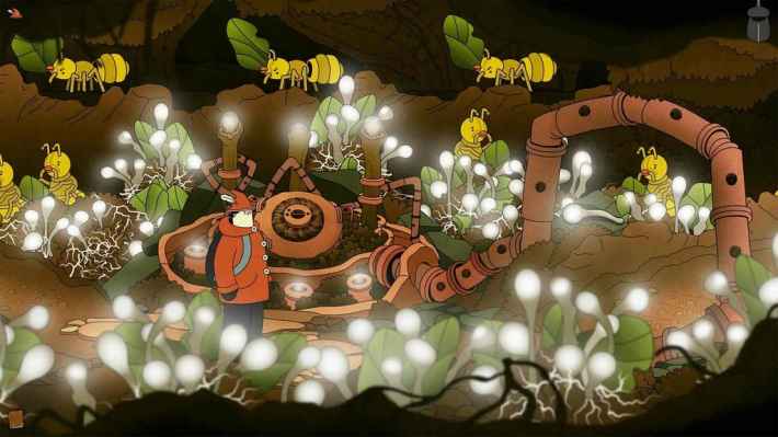 ゲームスクリーンショット：主人公が地下で機械とアリたちに囲まれている様子