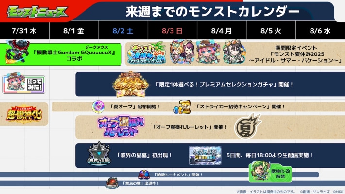 来週までのモンストカレンダー