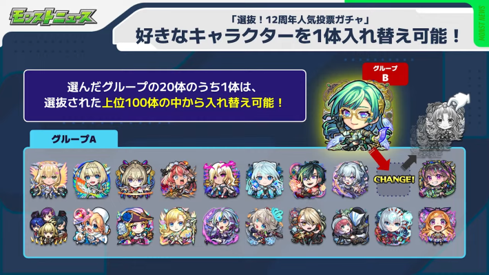任意のキャラを1体入れ替え可能