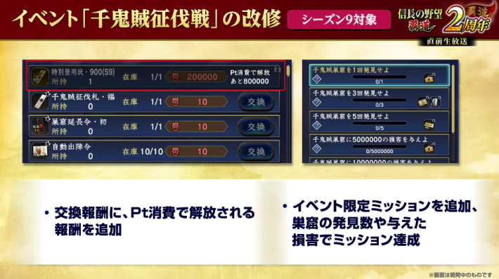 千鬼賊征伐戦での報酬・ミッション追加